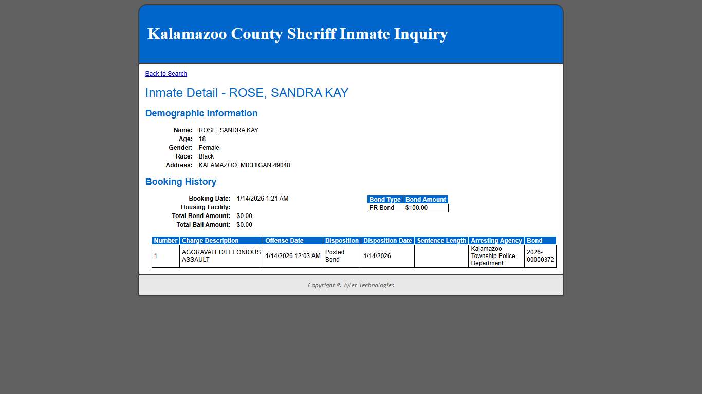 Inmate Detail - ROSE, SANDRA KAY