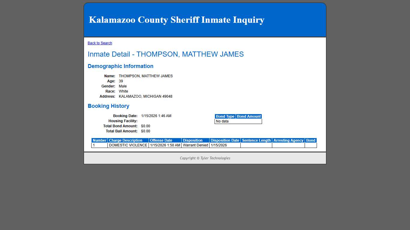 Inmate Detail - THOMPSON, MATTHEW JAMES